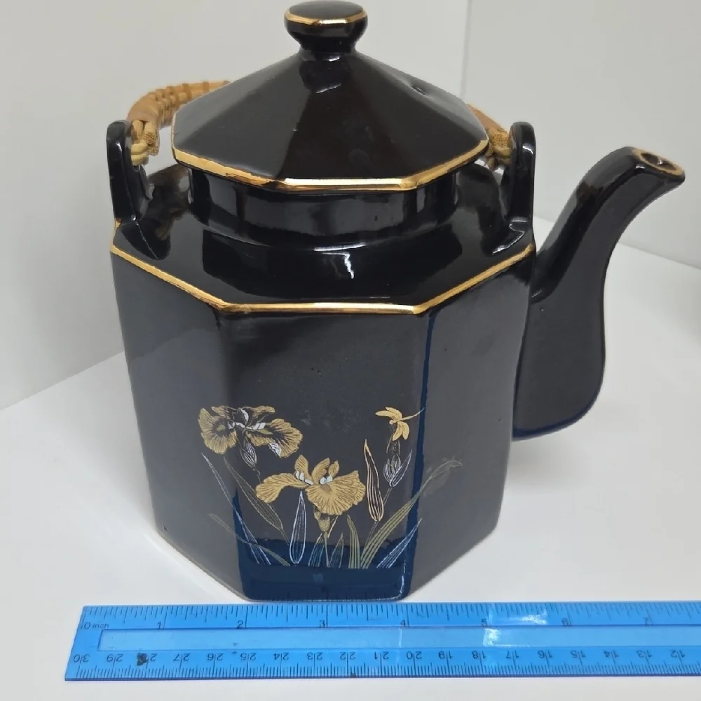 Vintage Black and Gold Floral Tea Set with Bamboo Handle